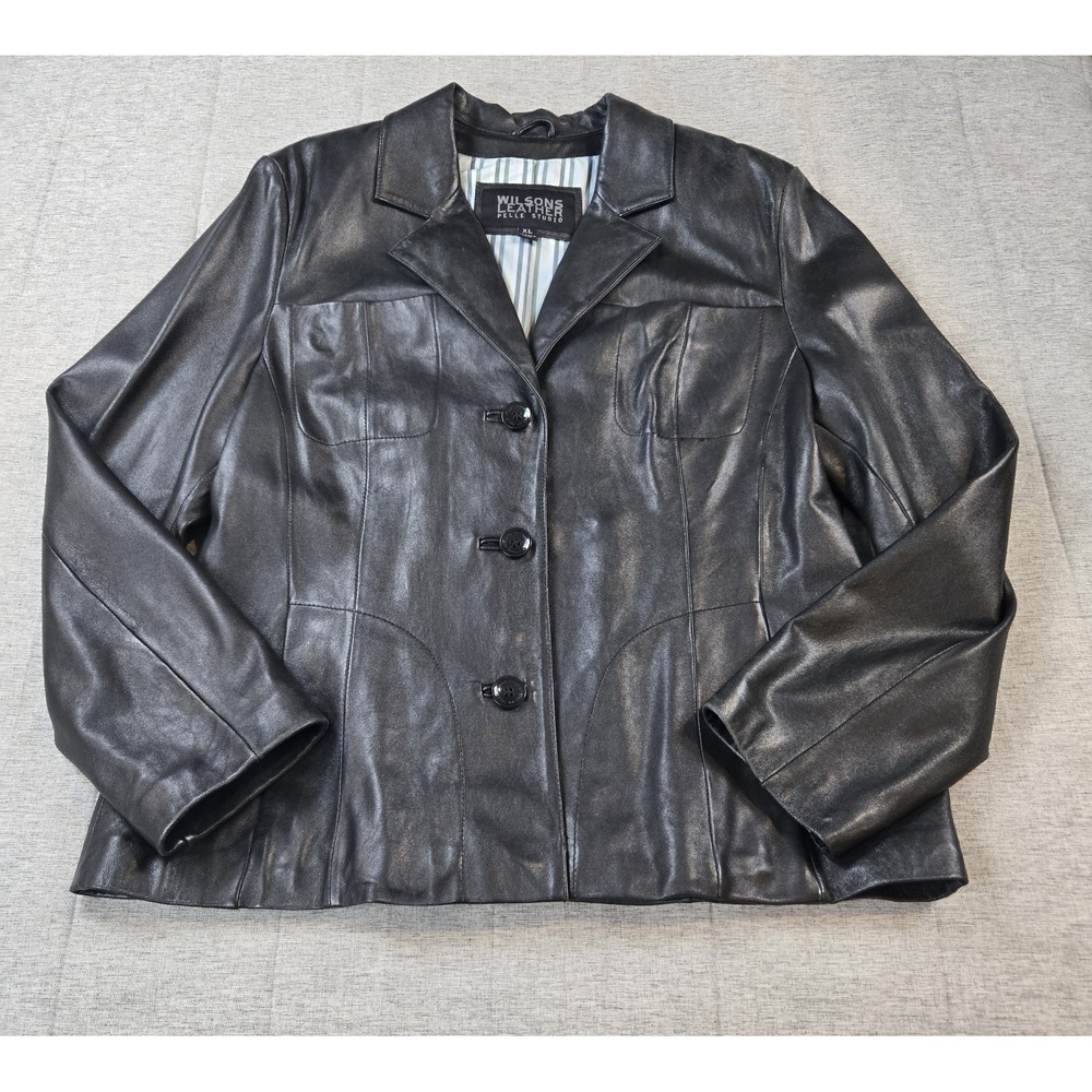 Wilsons Leather Women's Black Smooth Leather‎ Button Up Lined Coat Size XL
